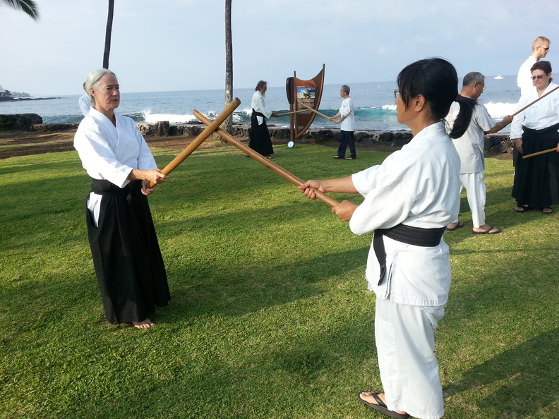 Sharon Gilbert, from Aiki Kai o Kona, and Joy Kinzie, from Windward Aikido Club, training at morning weapons class at the 25th anniversary of Aiki Kai o Kona on the Big Island of Hawaii. glibert-kinzie-sword.jpg