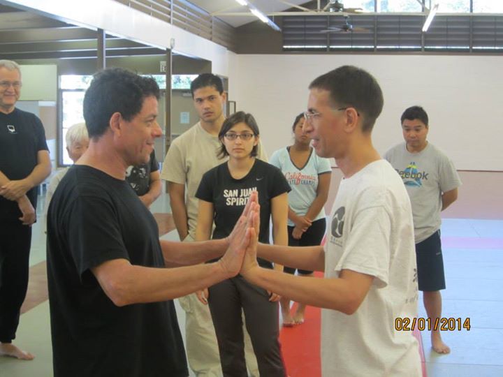 Chris Li and Dave Gomez, from Aikido of Hilo, at the Basic Principles of Aiki and Internal Power workshop in Hilo, Hawaii - hosted by Hilo Seishikan Aikido, February 2nd 2014. hilo-aiki-internal-february-2014-22.jpg